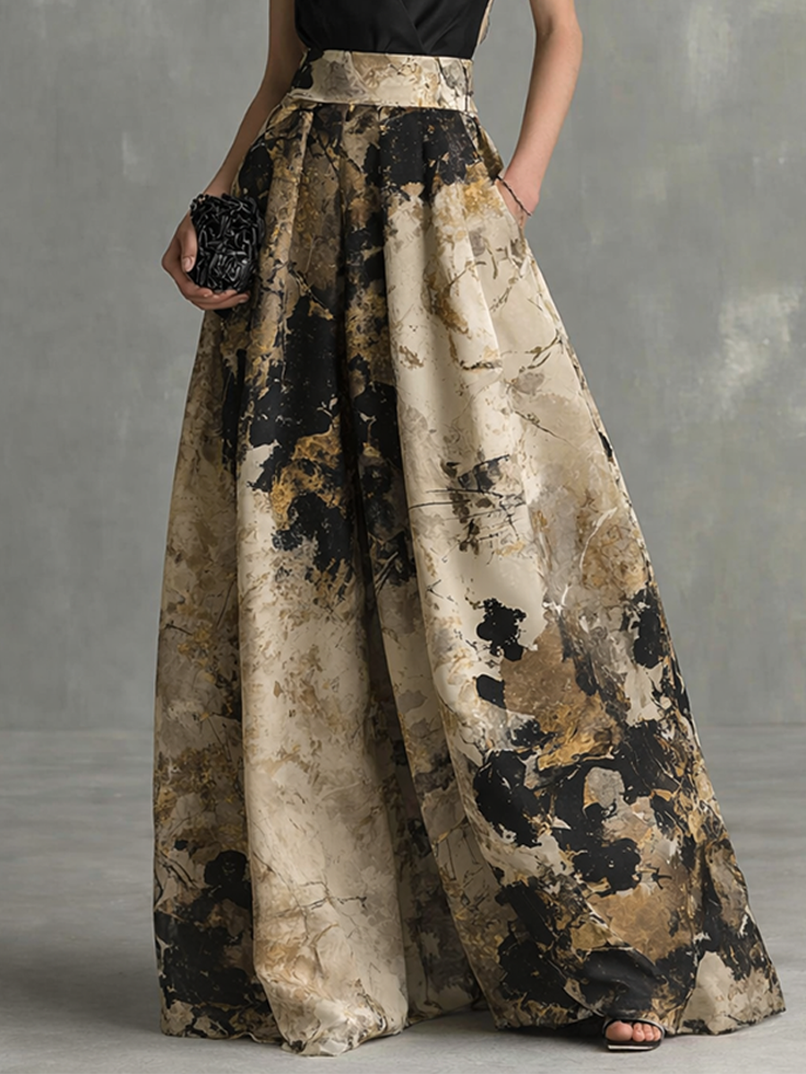 Vestido maxi elegante negro y beige con estampado abstracto, escote en V y tirantes