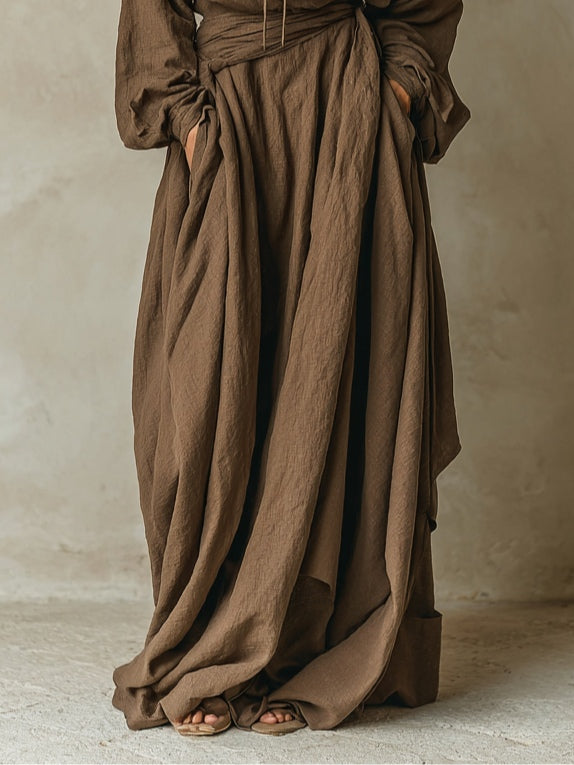 Vestido maxi holgado marrón de mezcla de algodón y lino