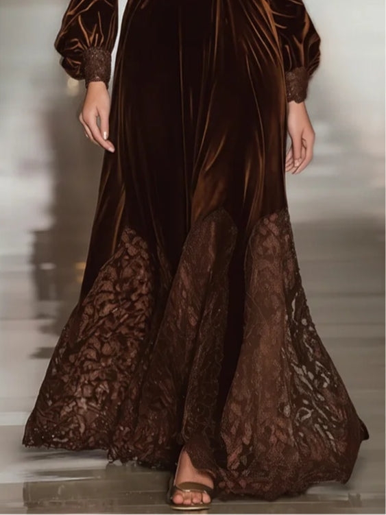 Isabella · Vestido maxi de terciopelo con cuello alto y mangas voluminosas de encaje
