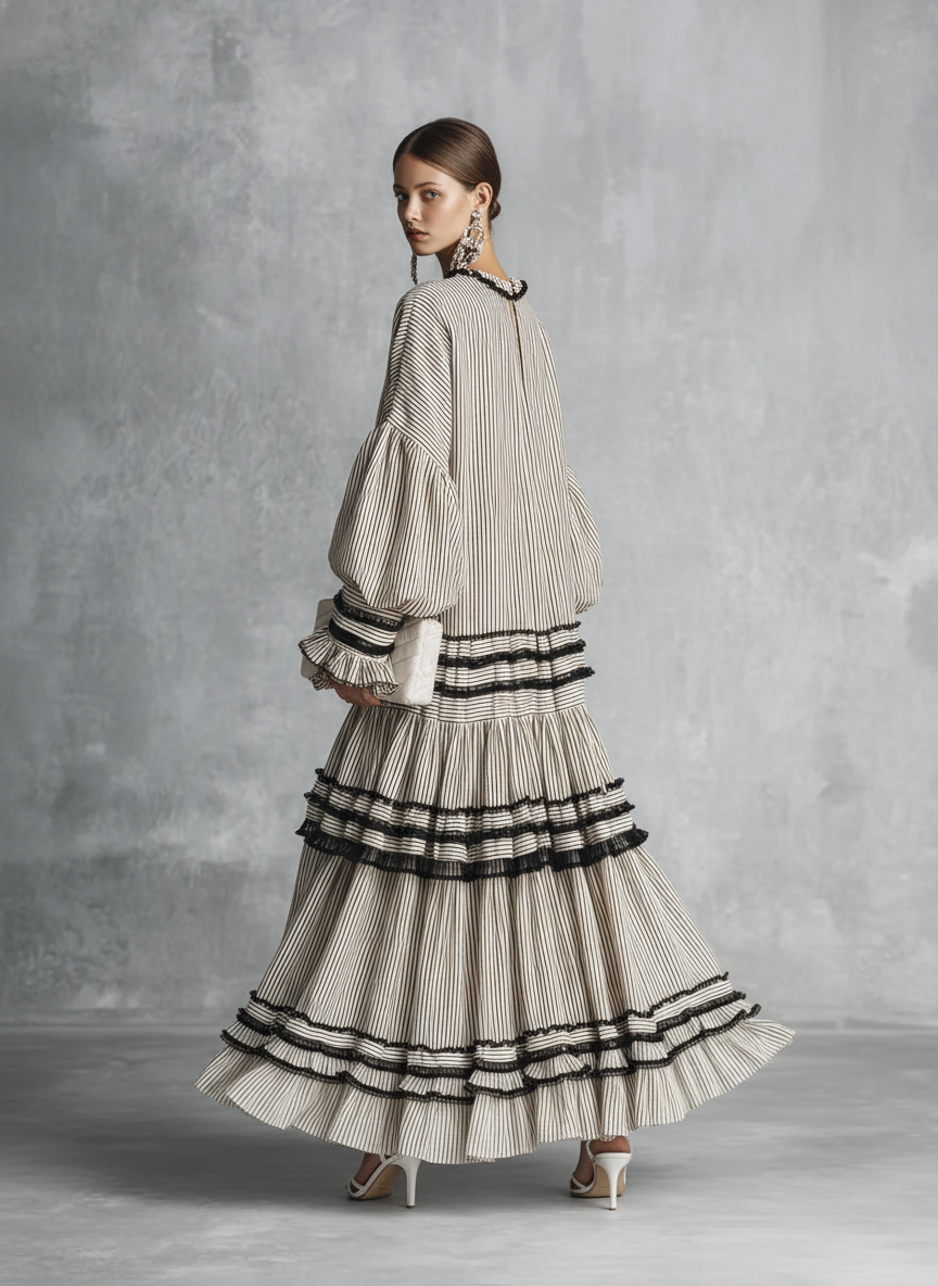 Vestido maxi largo boho de rayas con volantes