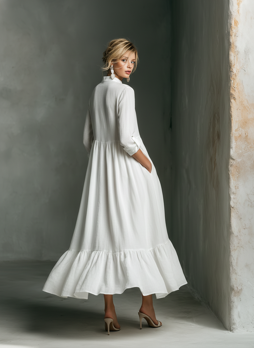 Vestido largo blanco de manga larga con volantes