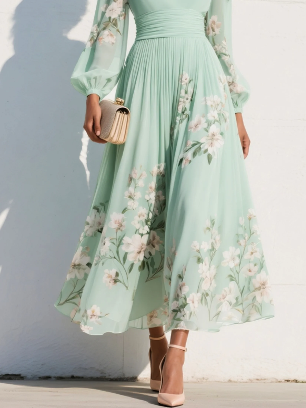 Vestido largo plisado de gasa de flores