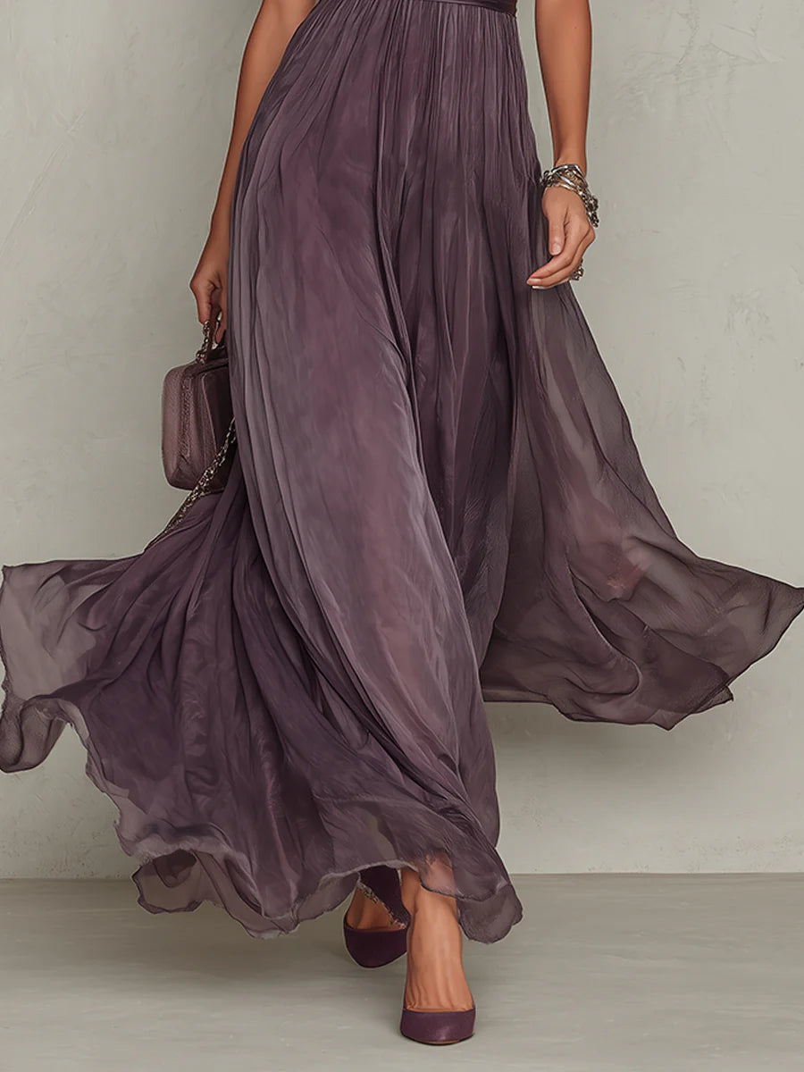 Flavia • Vestido largo morado con escote de gota y ribete de encaje en chifón
