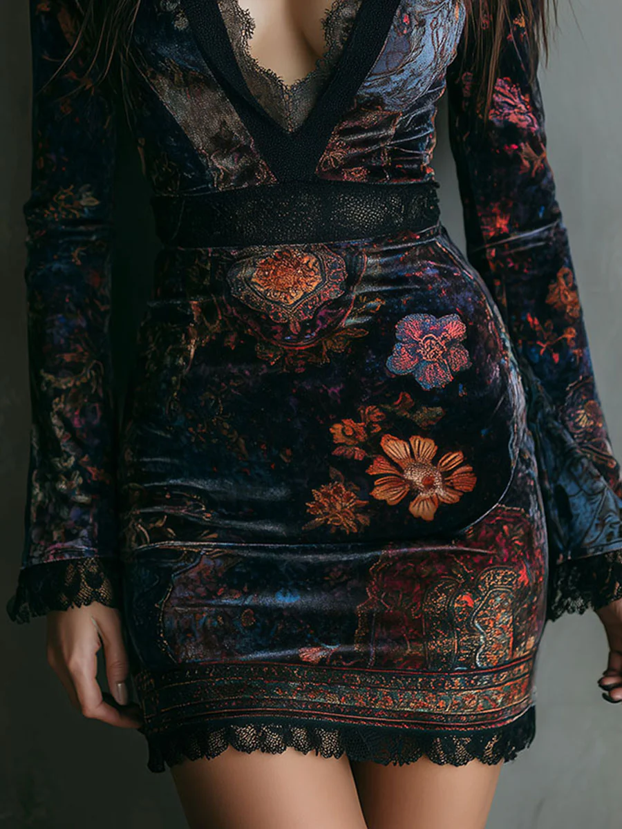 Liora ❘ Minivestido floral de terciopelo con encaje