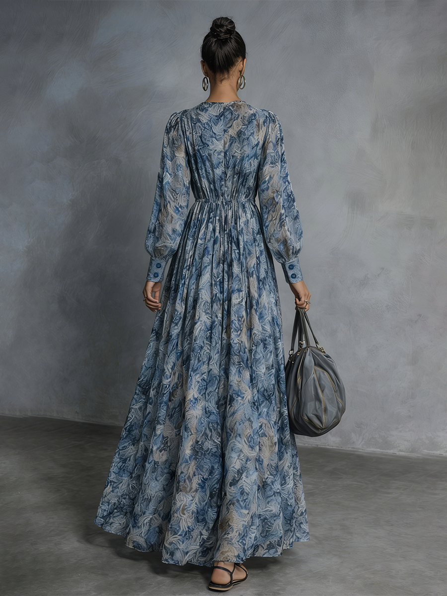 Vestido maxi boho de gasa con estampado floral azul, escote en V y mangas farol