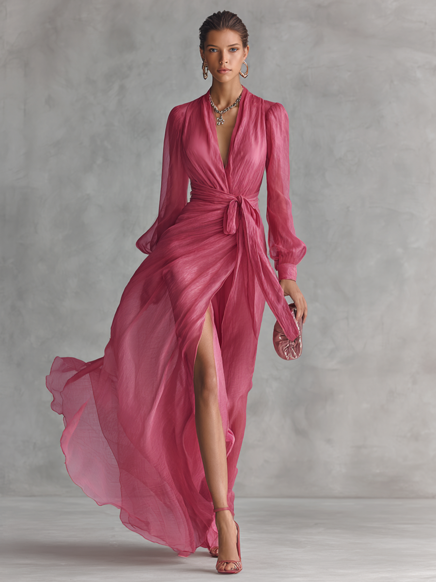 Vestido largo elegante de gasa rosa empolvado con perlas, escote en V y cintura anudada