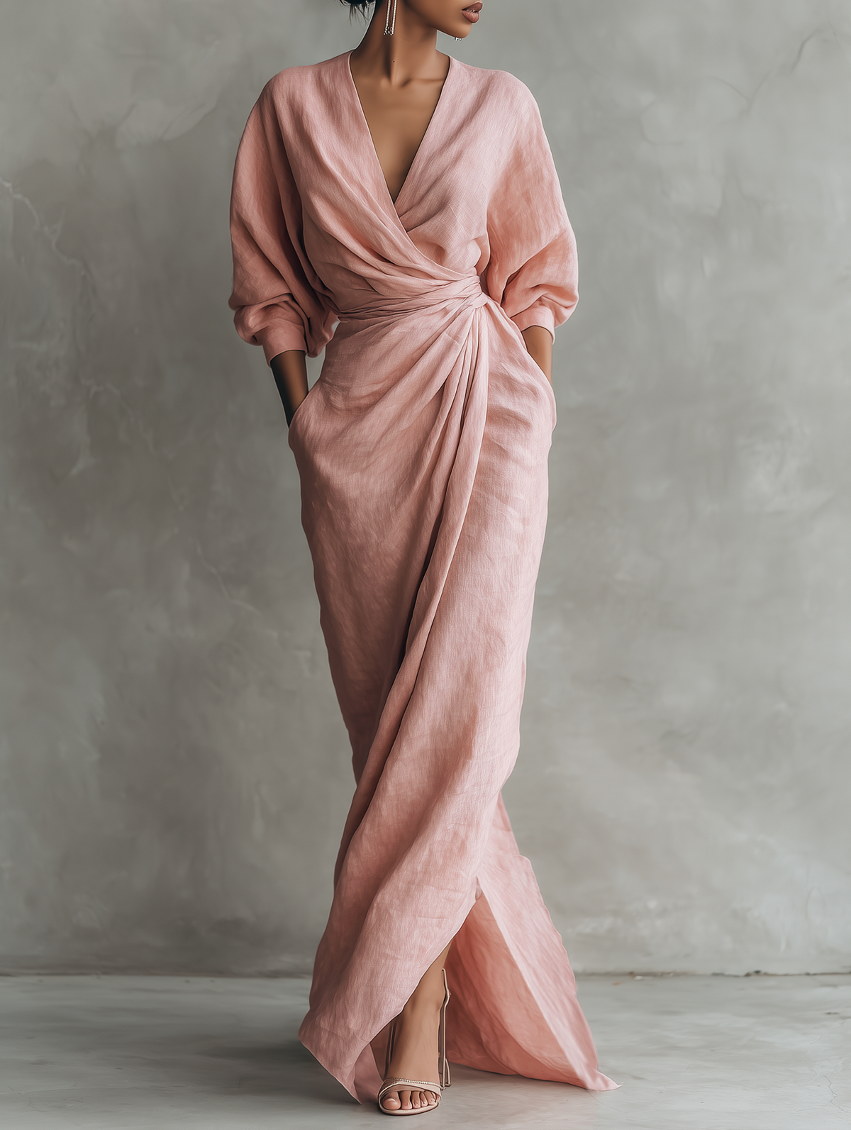 Vestido largo minimalista de mezcla de lino rosa con escote en V