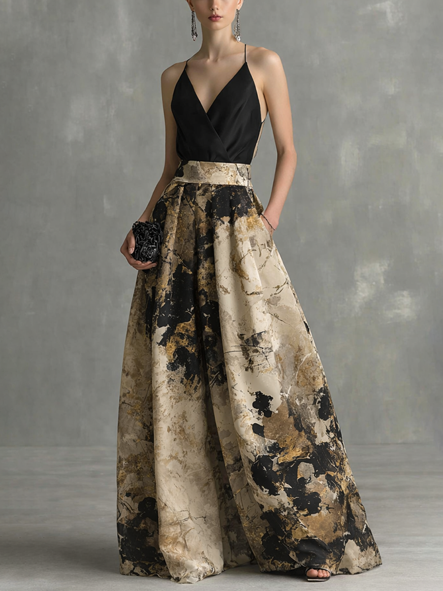 Vestido maxi elegante negro y beige con estampado abstracto, escote en V y tirantes