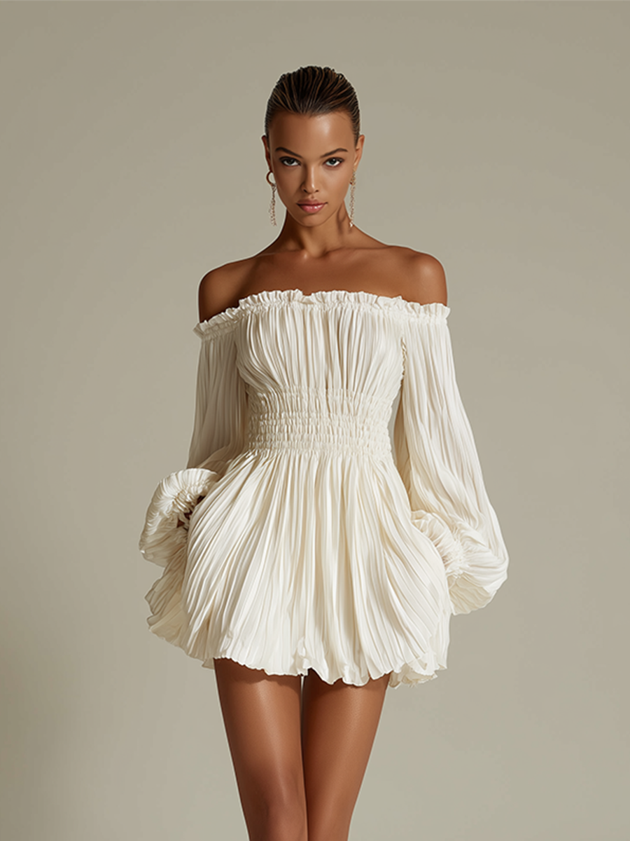 Vestido plisado marfil con escote Bardot y cintura fruncida, elegante, sexy y atemporal