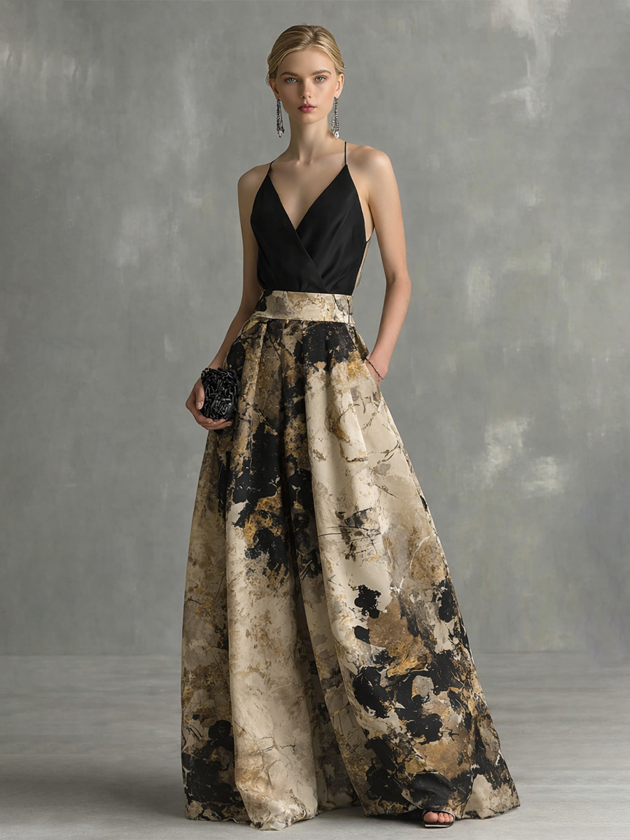 Vestido maxi elegante negro y beige con estampado abstracto, escote en V y tirantes