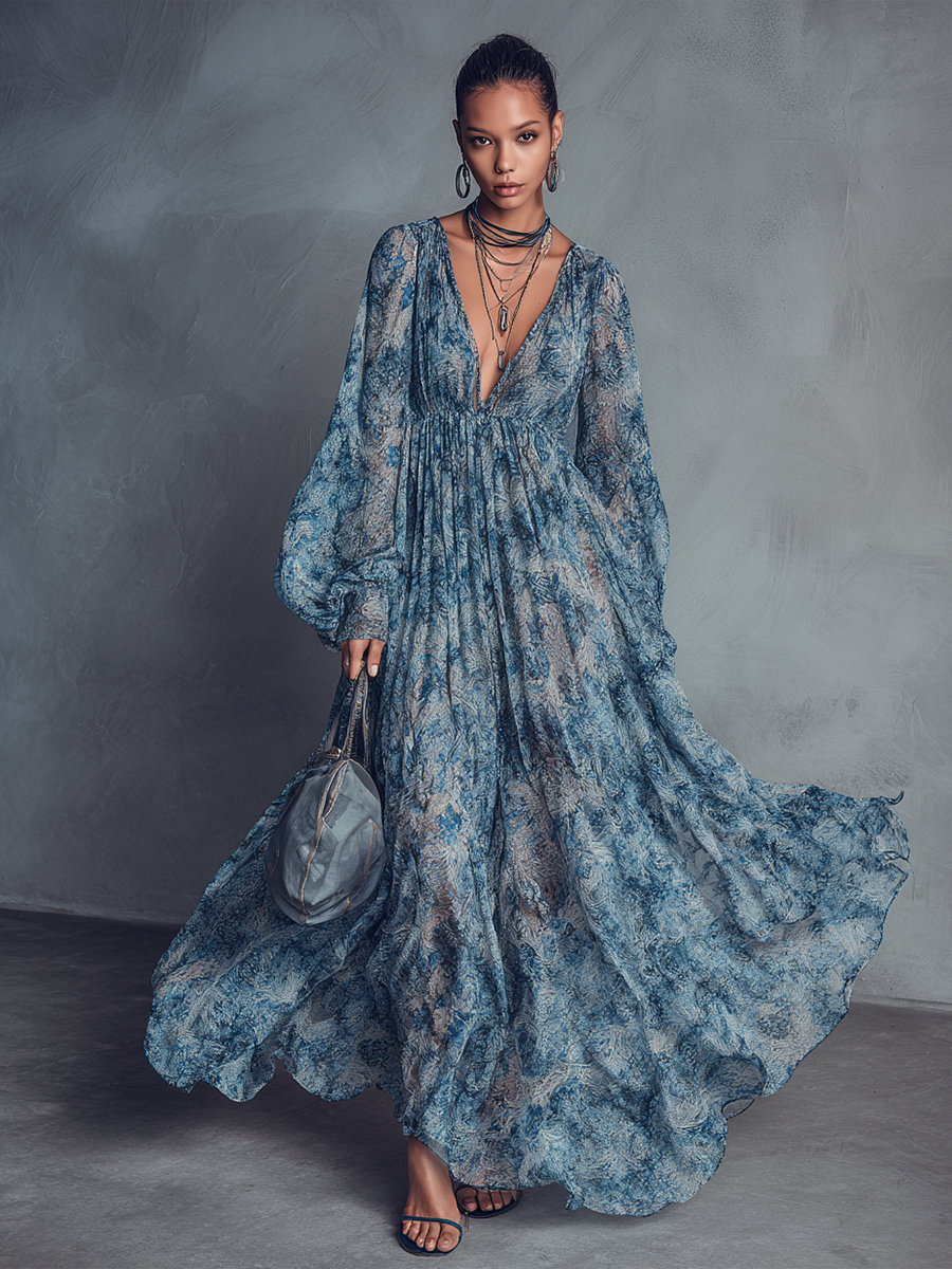 Vestido maxi boho de gasa con estampado floral azul, escote en V y mangas farol
