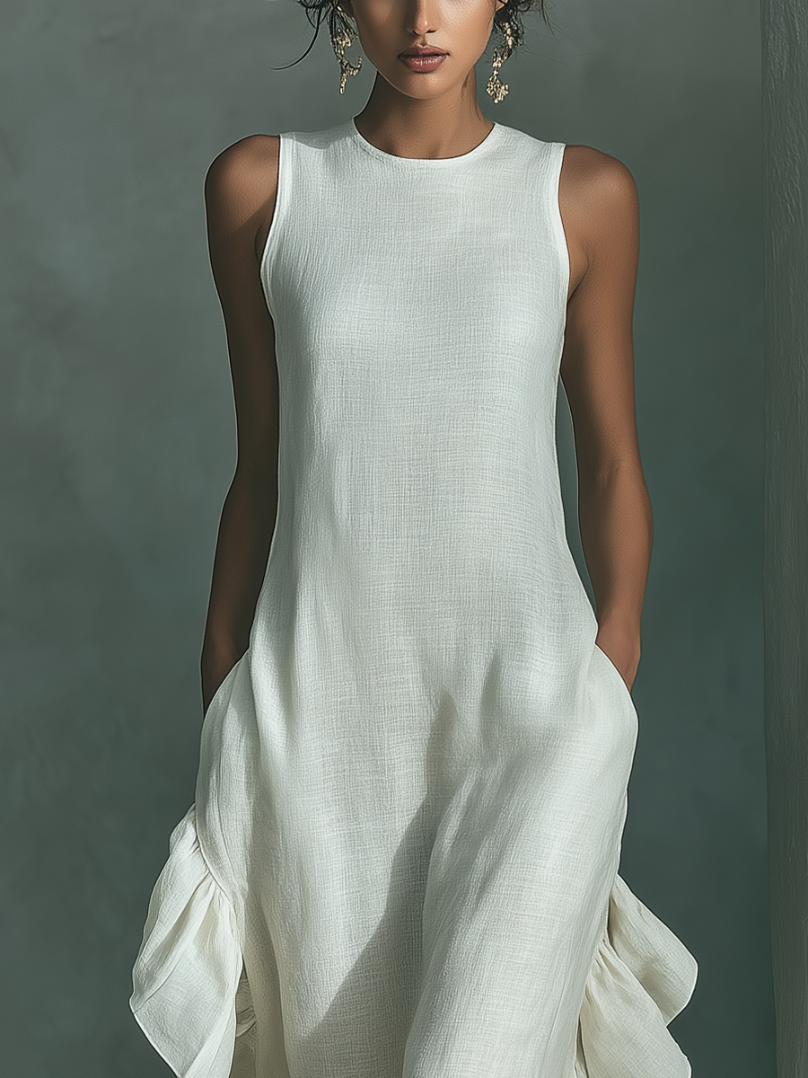 Vestido maxi sin mangas de lino marfil con cuello redondo y bajo de volantes