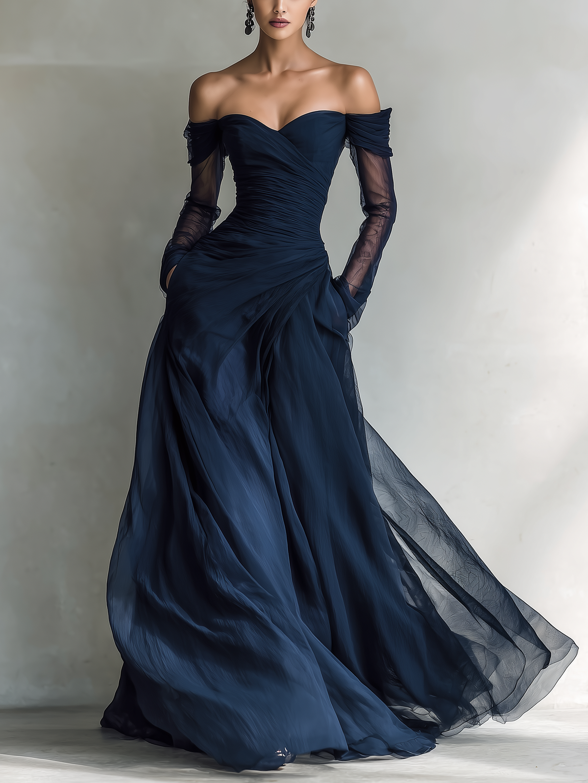 Vestido largo elegante de gasa organza azul oscuro con mangas largas y hombros descubiertos