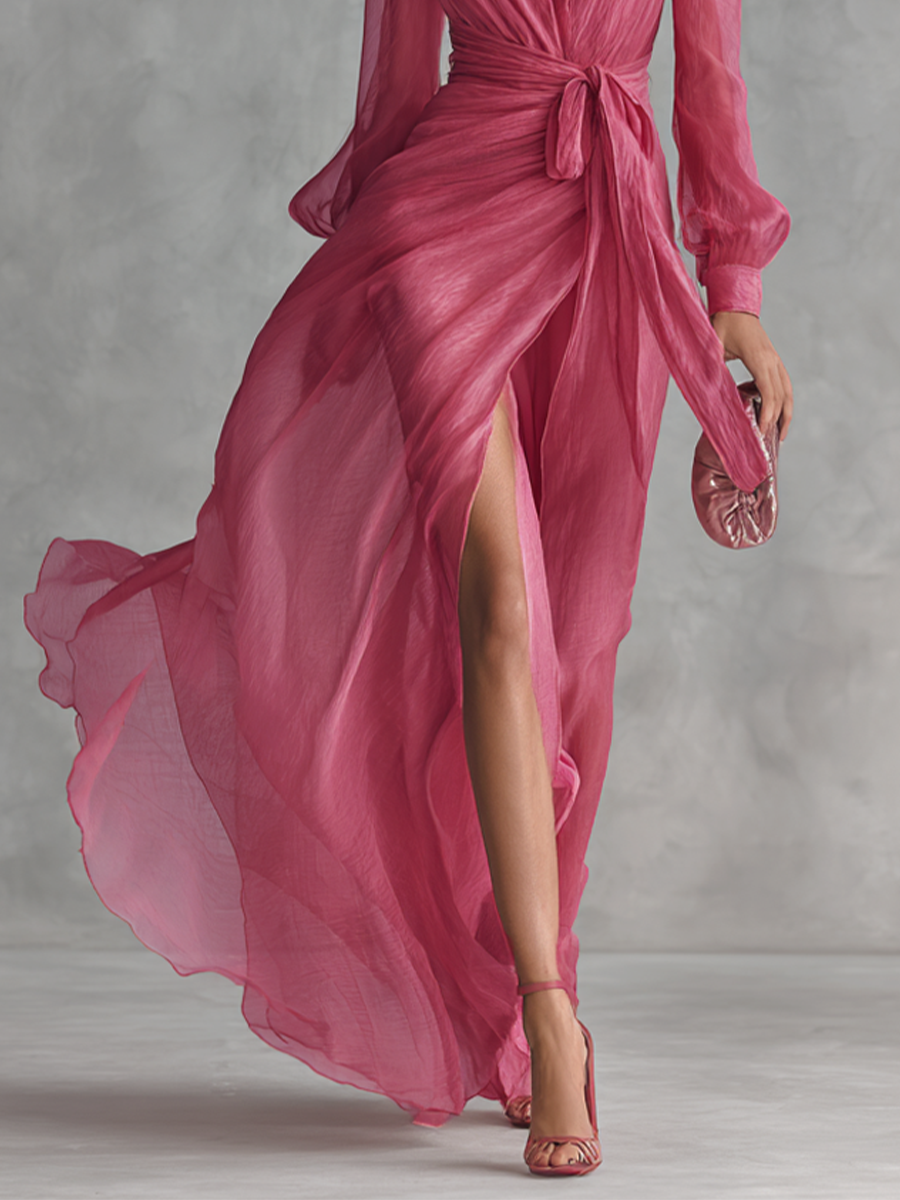 Vestido largo elegante de gasa rosa empolvado con perlas, escote en V y cintura anudada
