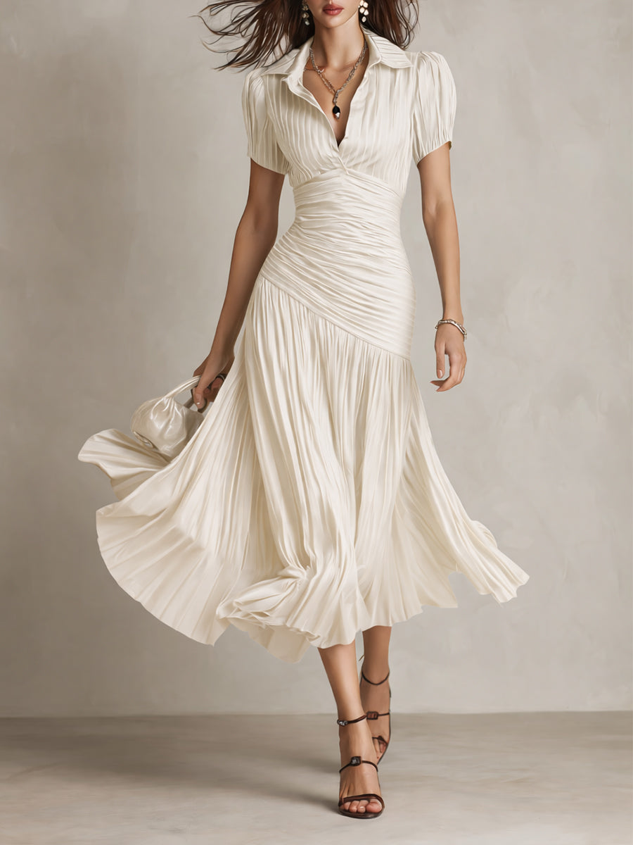Adriana - Vestido midi satinado de rayas retro