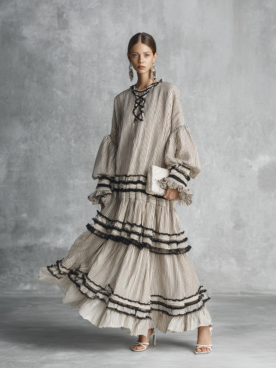 Vestido maxi largo boho de rayas con volantes