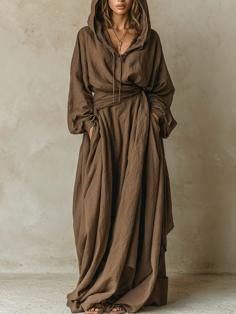 Vestido maxi holgado marrón de mezcla de algodón y lino