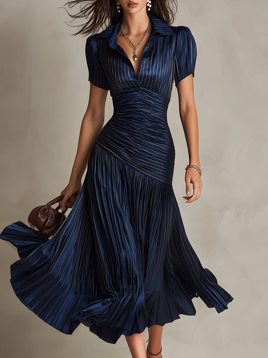 Adriana - Vestido midi satinado de rayas retro