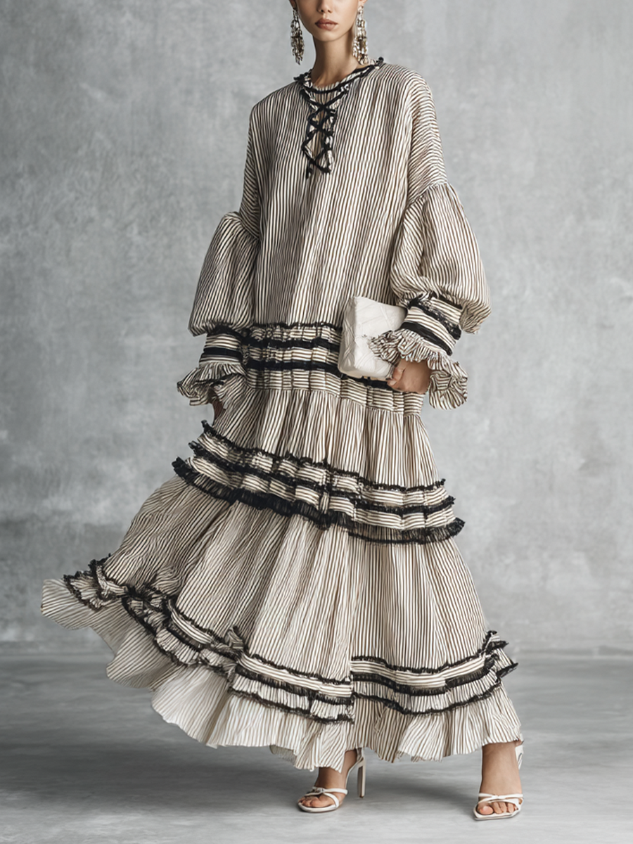 Vestido maxi largo boho de rayas con volantes