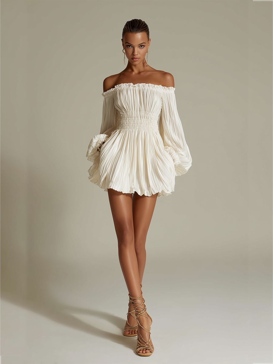 Vestido plisado marfil con escote Bardot y cintura fruncida, elegante, sexy y atemporal