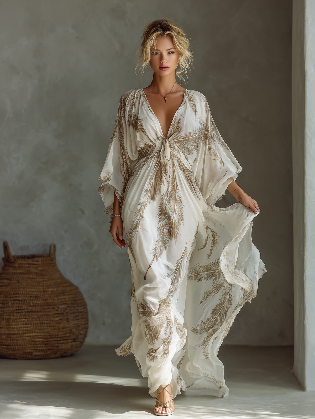 Vestido largo de gasa marfil y topo con mangas murciélago, delantero cruzado y estampado de hojas de palmera