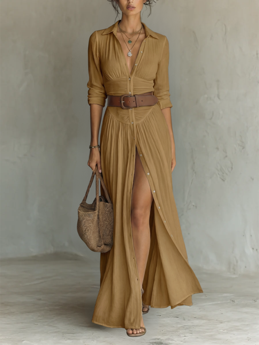 Vestido maxi con cuello de solapa y manga larga