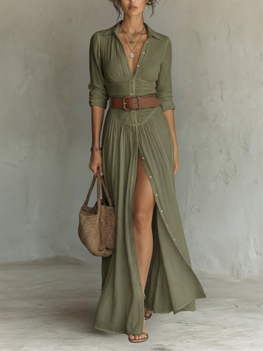 Vestido maxi con cuello de solapa y manga larga