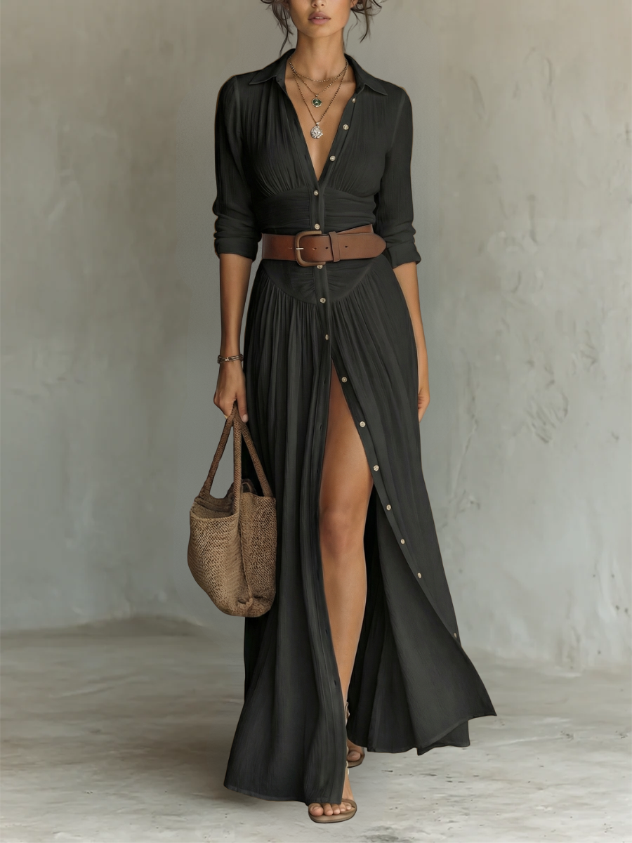 Vestido maxi con cuello de solapa y manga larga