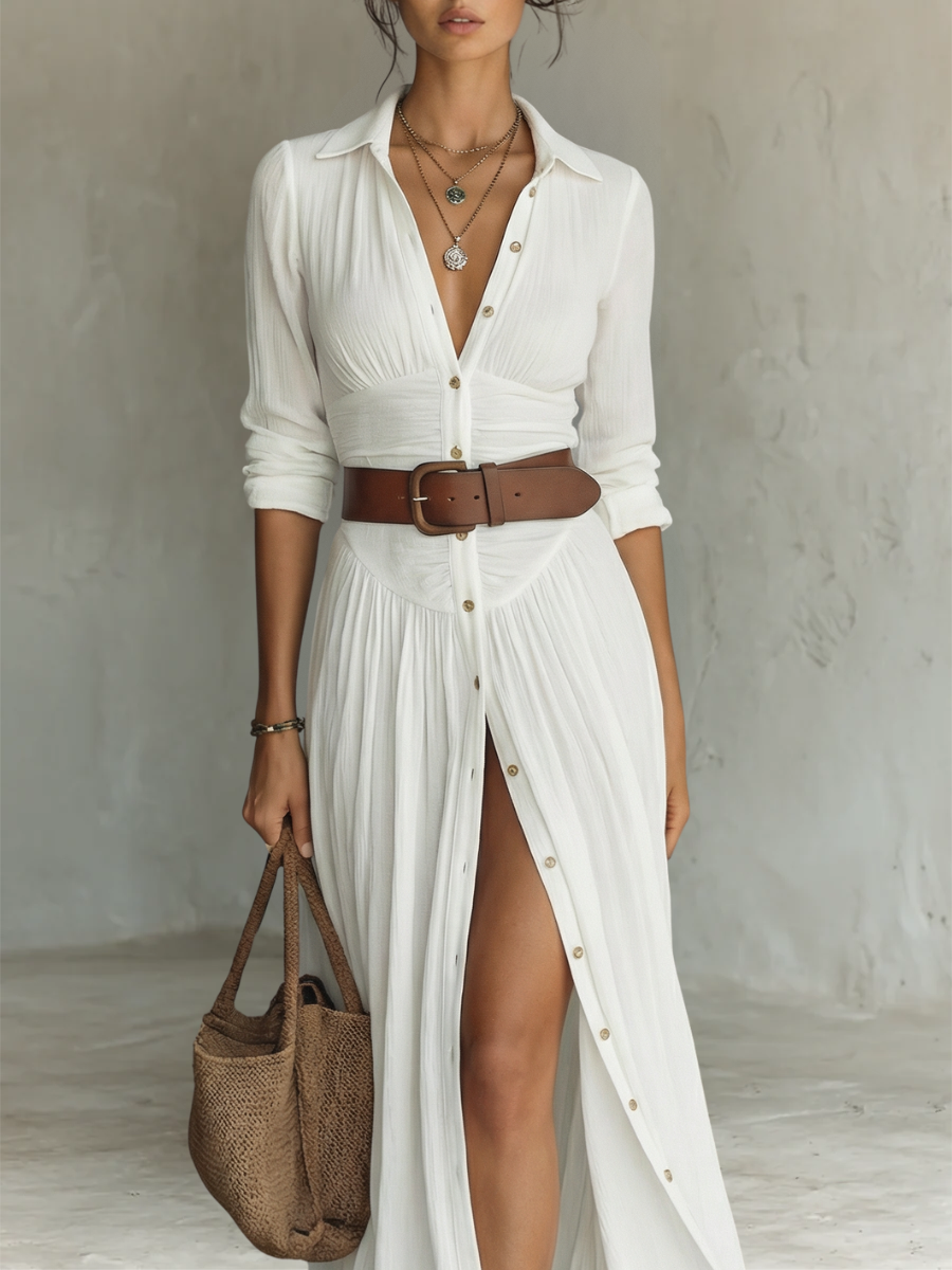 Vestido maxi con cuello de solapa y manga larga