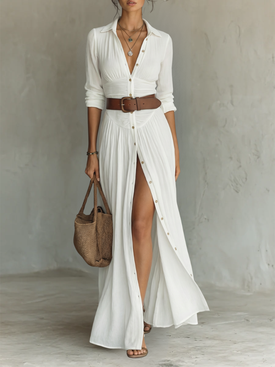 Vestido maxi con cuello de solapa y manga larga