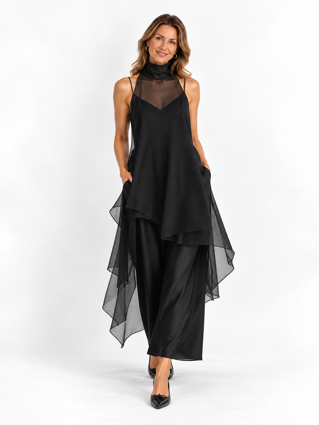 Conjunto de dos piezas: vestido lencero negro minimalista de acetato con sobrevestido largo de gasa