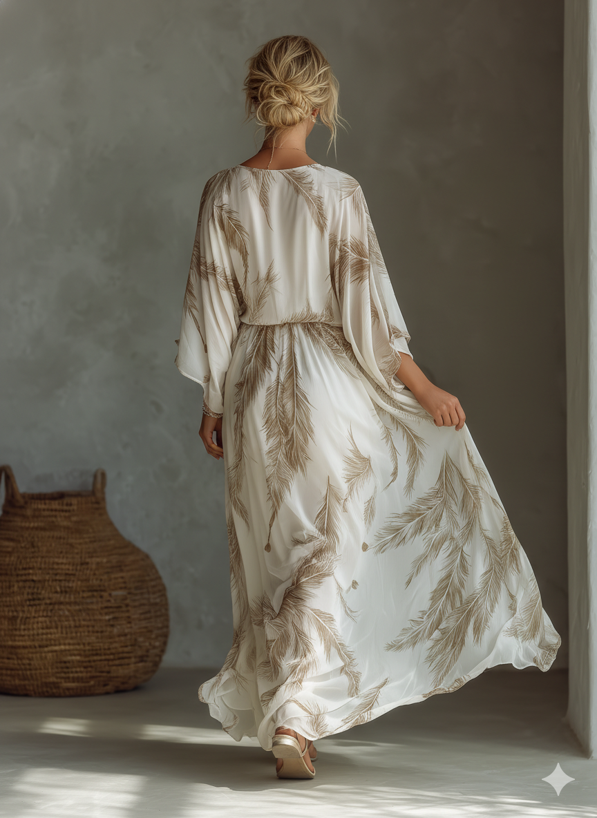 Vestido largo de gasa marfil y topo con mangas murciélago, delantero cruzado y estampado de hojas de palmera