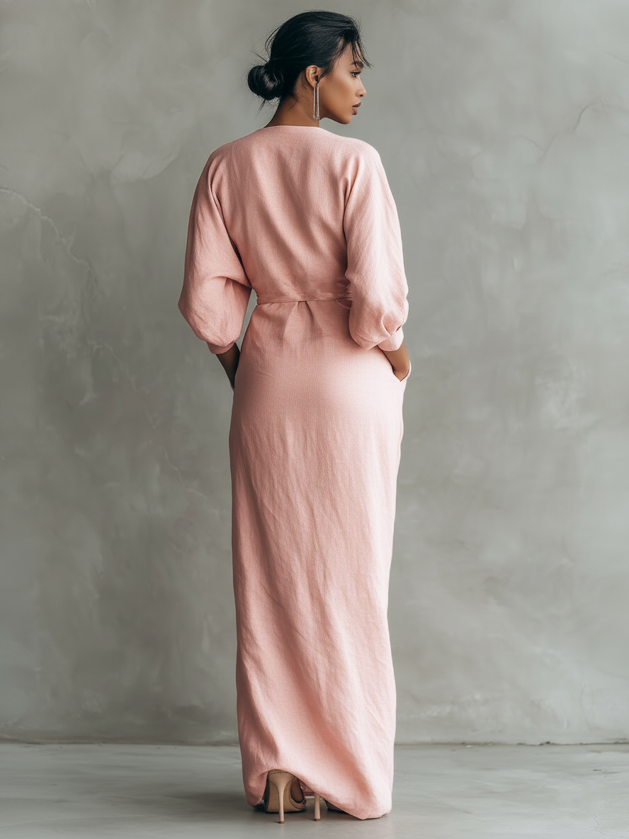 Vestido largo minimalista de mezcla de lino rosa con escote en V