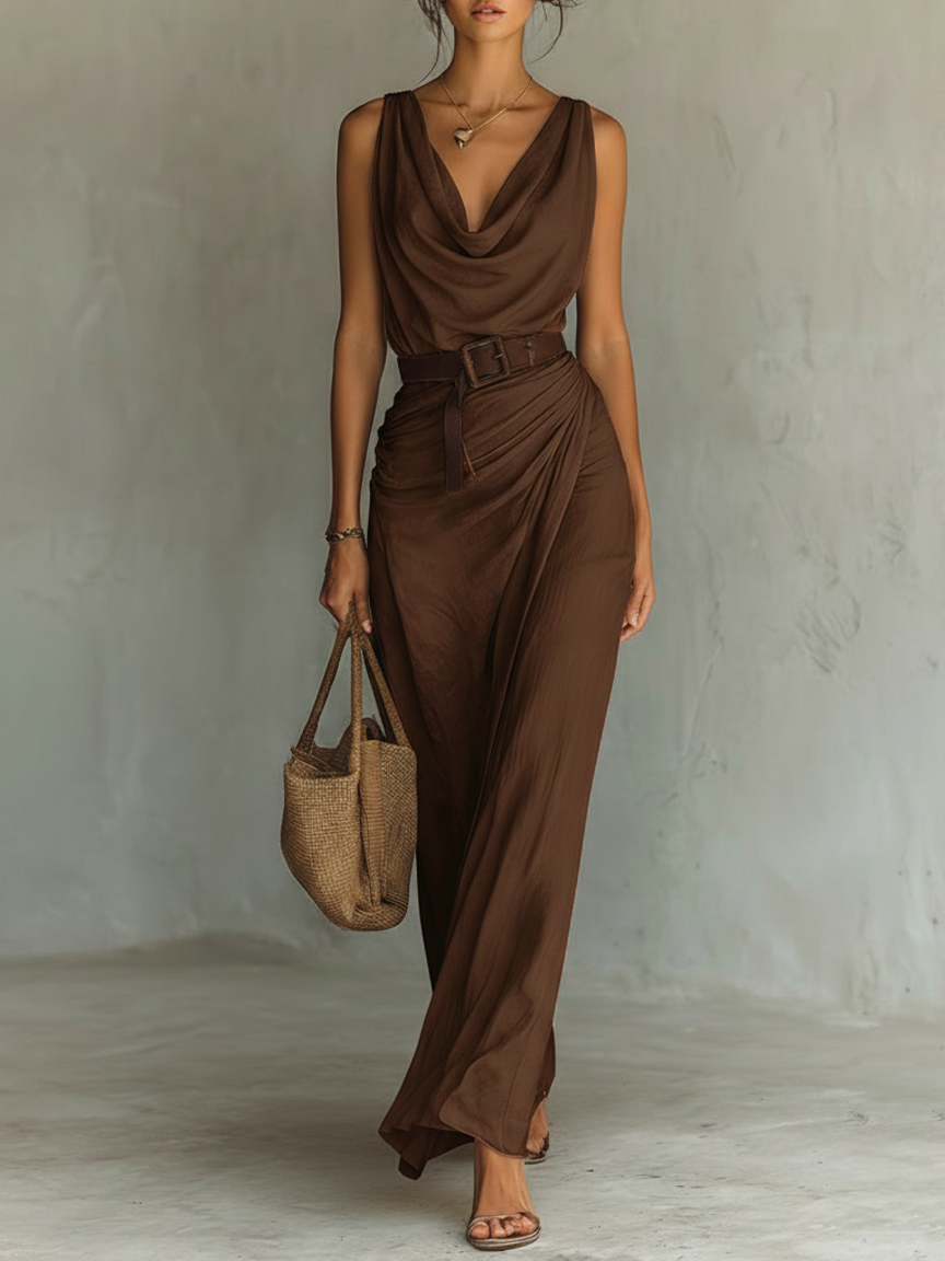Vestido maxi sin mangas minimalista con cuello drapeado