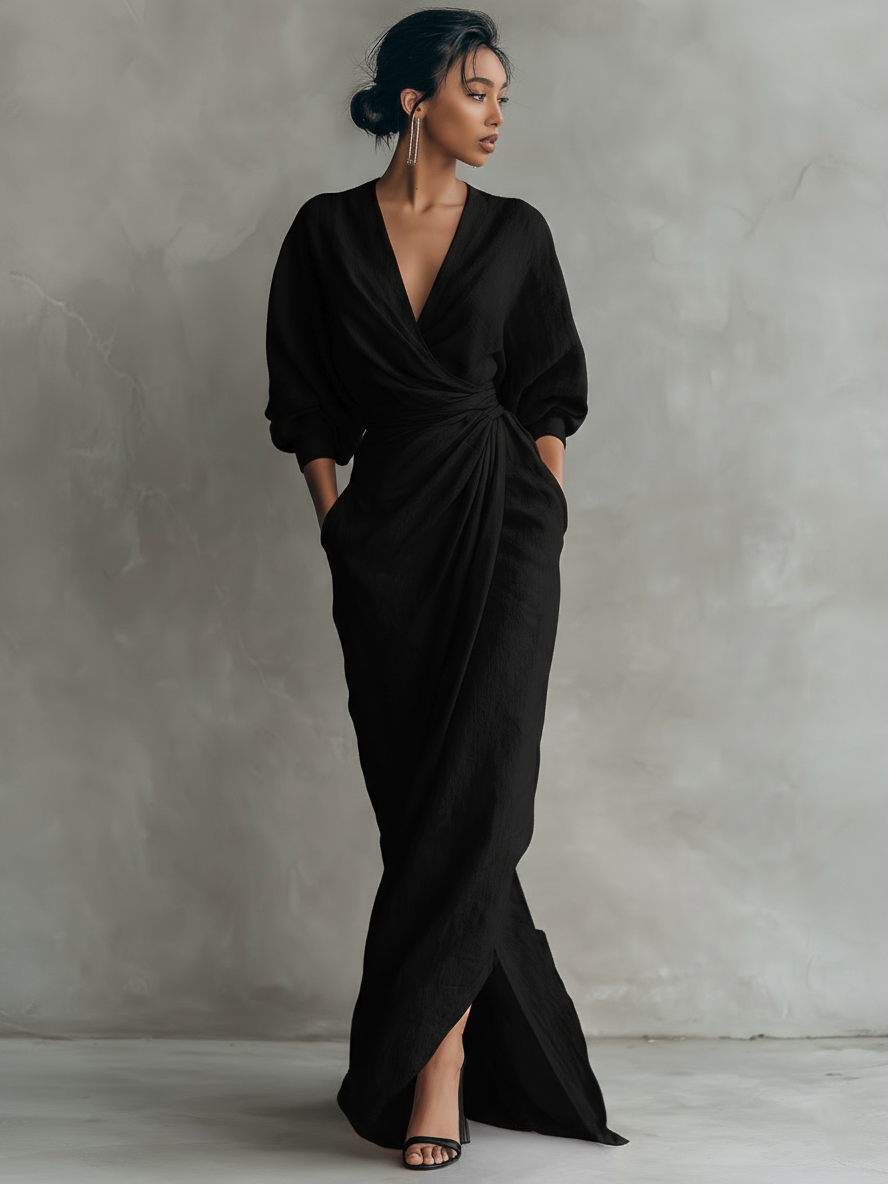 Vestido largo minimalista de mezcla de lino rosa con escote en V
