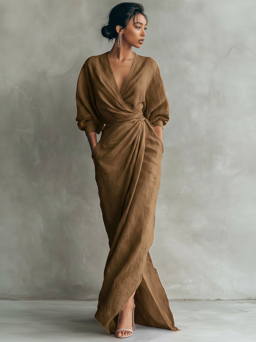 Vestido largo minimalista de mezcla de lino rosa con escote en V