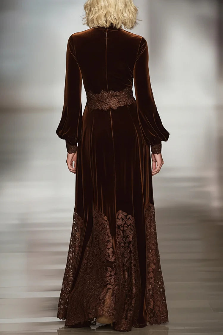 Isabella · Vestido maxi de terciopelo con cuello alto y mangas voluminosas de encaje