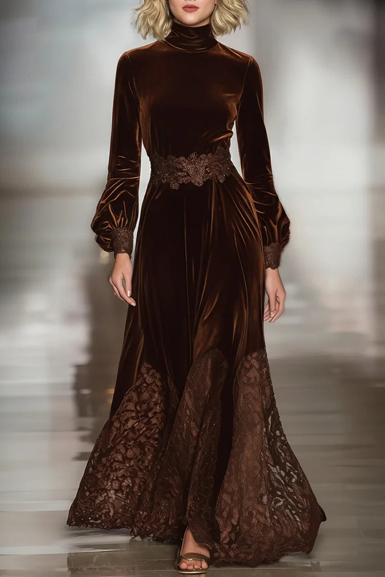 Isabella · Vestido maxi de terciopelo con cuello alto y mangas voluminosas de encaje