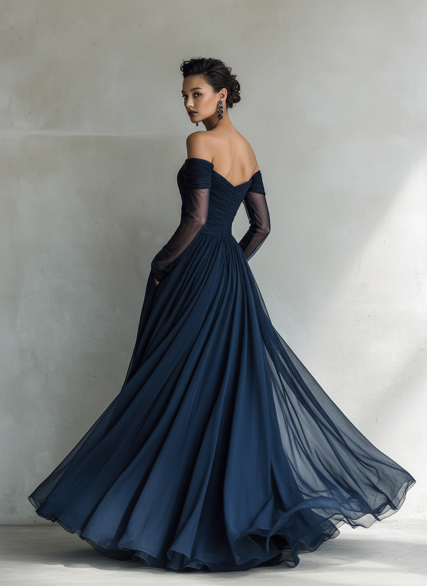 Vestido largo elegante de gasa organza azul oscuro con mangas largas y hombros descubiertos