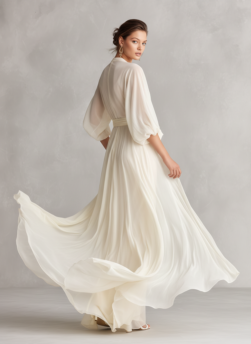 Vestido de gasa transparente marfil con mangas voluminosas y detalle cruzado, estilo romántico y lujoso atemporal