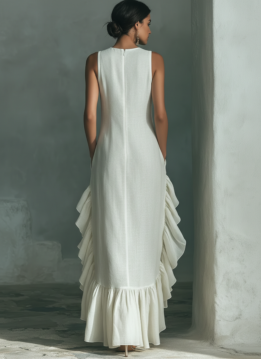 Vestido maxi sin mangas de lino marfil con cuello redondo y bajo de volantes