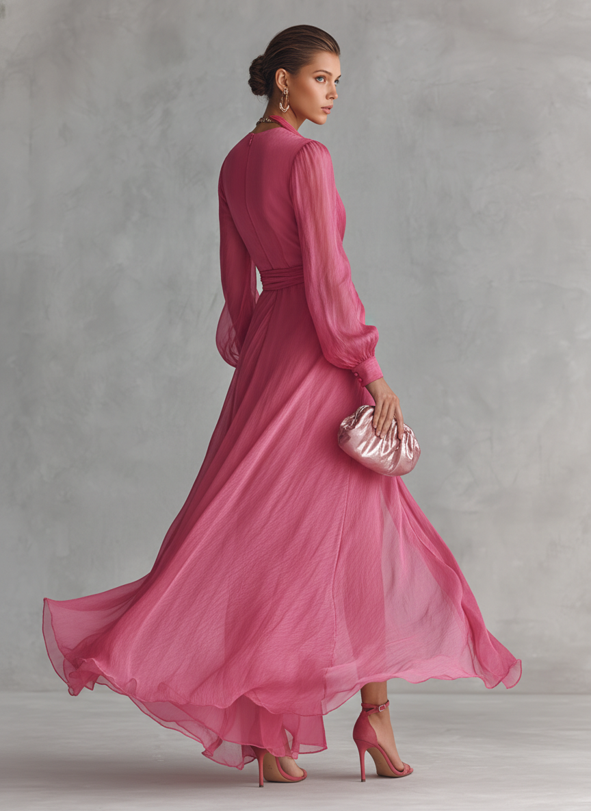 Vestido largo elegante de gasa rosa empolvado con perlas, escote en V y cintura anudada