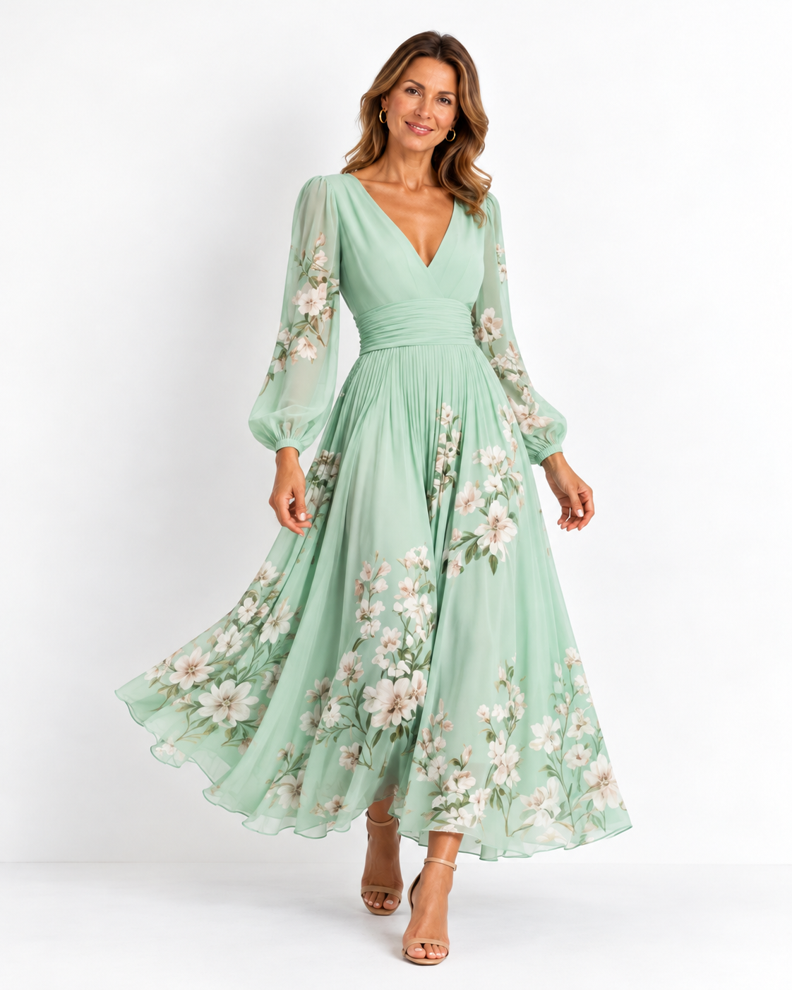 Vestido largo plisado de gasa de flores