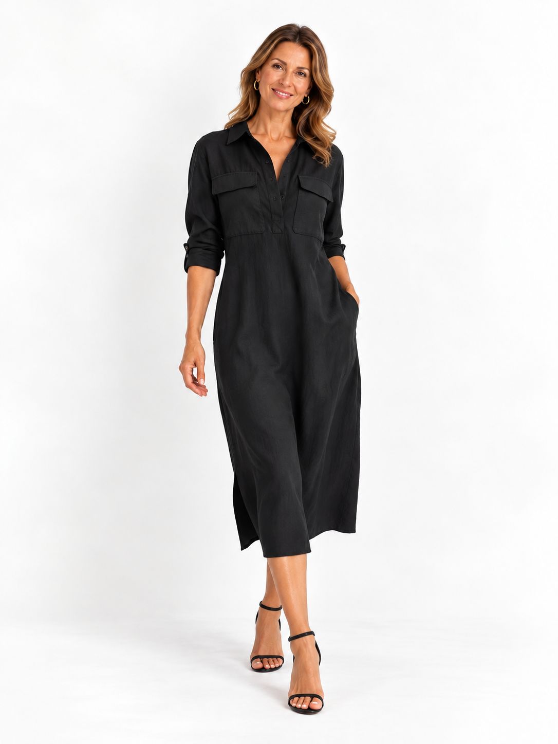 Valentina - Vestido midi negro de mezcla de algodón y lino con cuello camisero y mangas largas