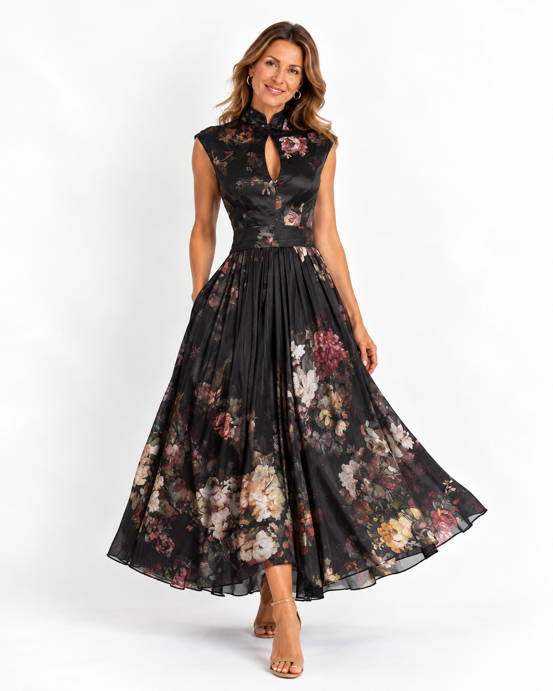 Vestido midi de seda plisado con estampado floral