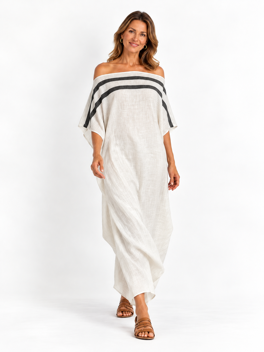 Rossella - Vestido maxi recto blanco con hombros descubiertos y mangas murciélago