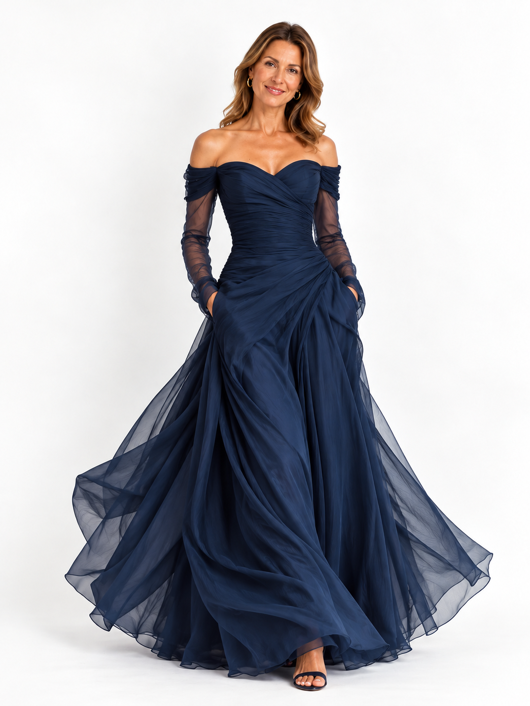 Vestido largo elegante de gasa organza azul oscuro con mangas largas y hombros descubiertos