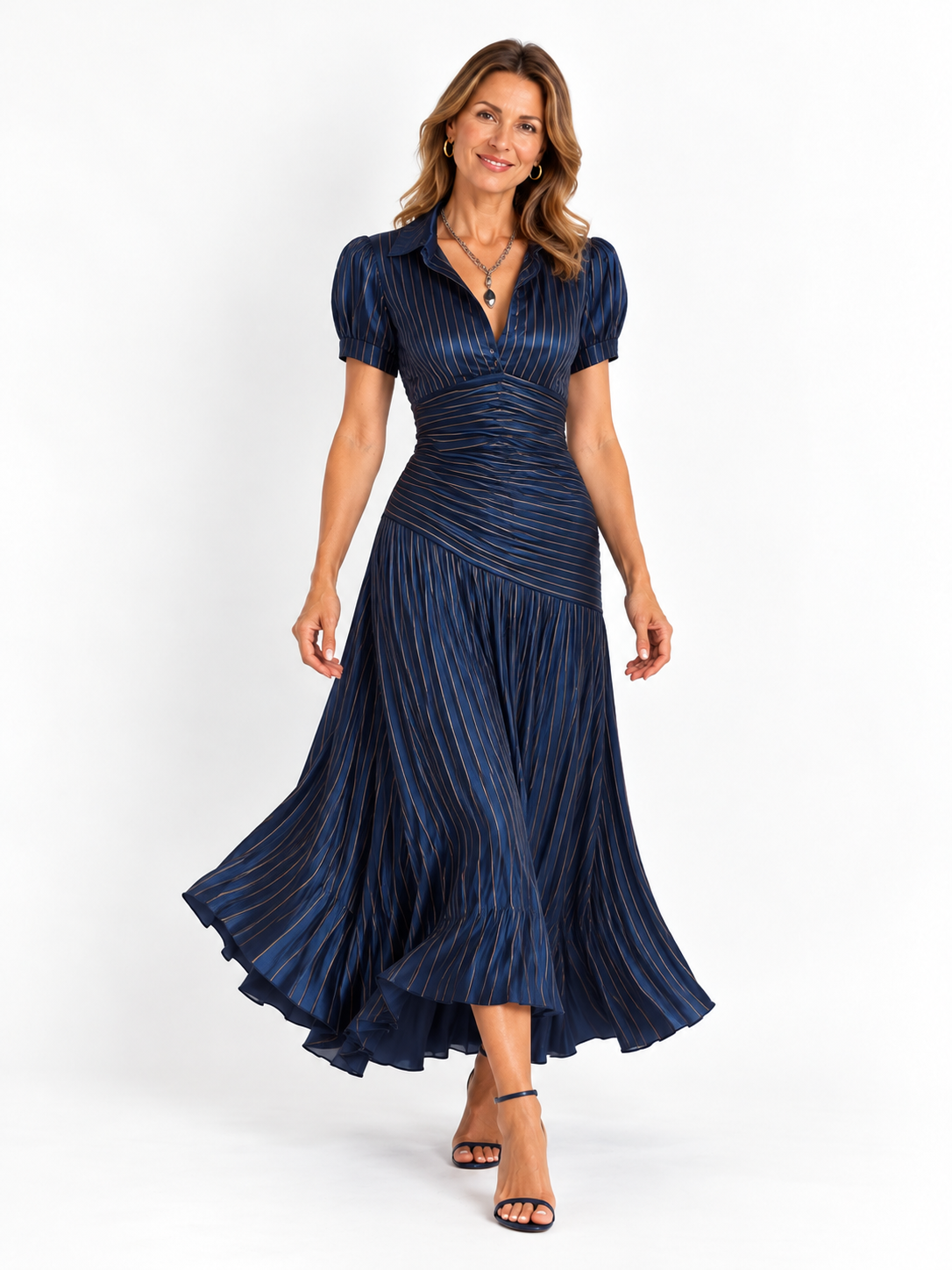 Adriana - Vestido midi satinado de rayas retro