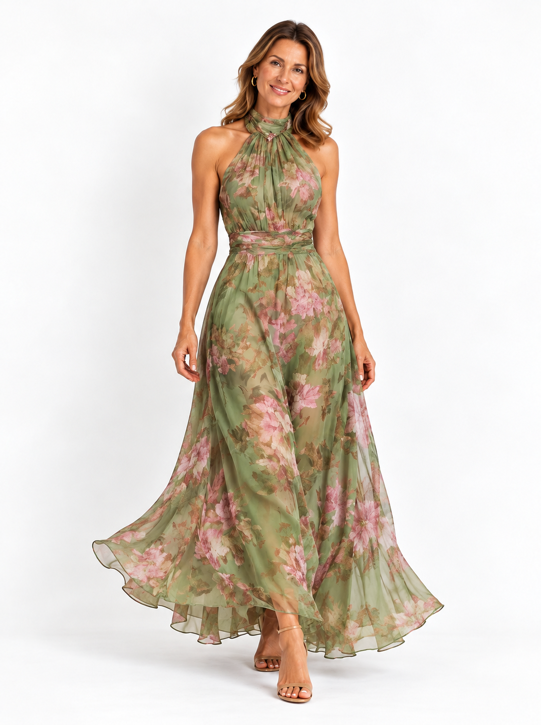 Serena ∙ Vestido largo verde de gasa con estampado floral y cuello halter