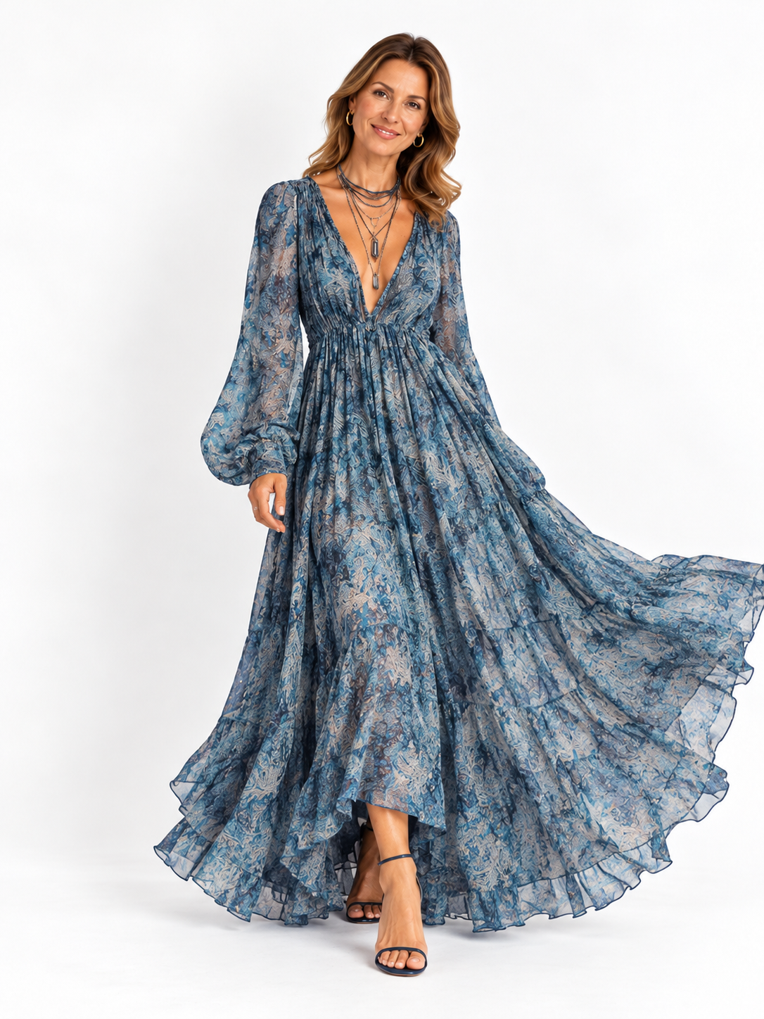 Vestido maxi boho de gasa con estampado floral azul, escote en V y mangas farol